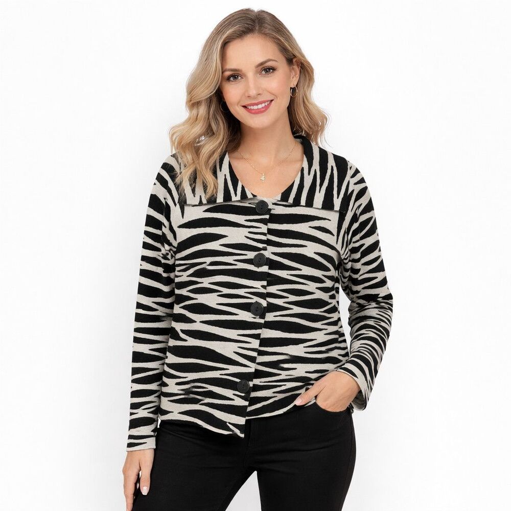 Chicos Cardigan Sweater Womens 1 Black Zebra Print Button Front Collared Knit